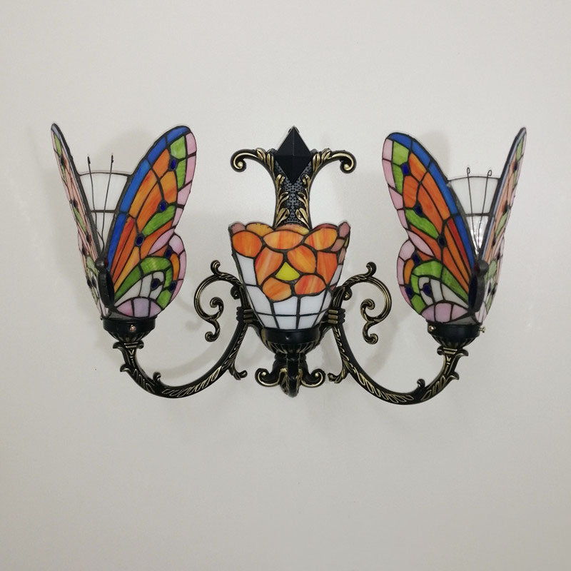 Traditional Tiffany European Butterfly Stained Glass 3-Light Wall Sconce Lamp For Hallway