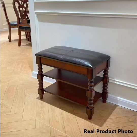 Taburete de tocador sin respaldo ni brazos, de madera de caucho y cuero PU, rectangular, estilo tradicional europeo, para sala de estar 
