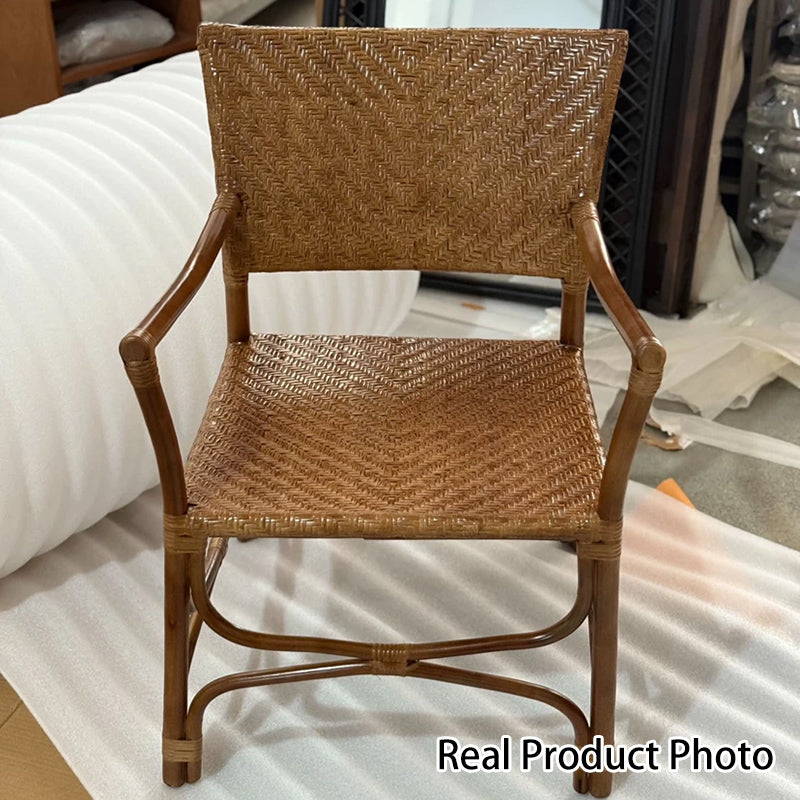 Traditional Farmhouse Weaving Rattan Square Dining Chair Backrest Armrest For Living Room