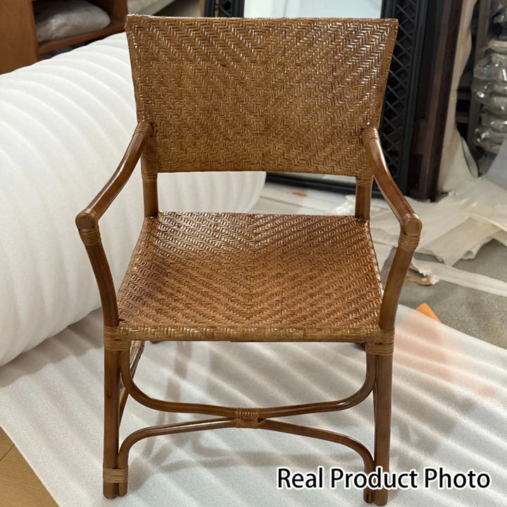 Traditional Farmhouse Weaving Rattan Square Dining Chair Backrest Armrest For Living Room
