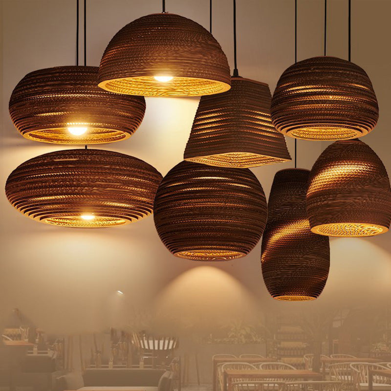 Zeitgenössische Retro Papier elliptische sphärische Glocke Trapez Halbkreis polygonale 1-Licht Pendelleuchte für Esszimmer 