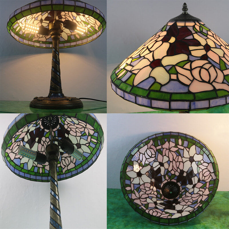 Traditional Tiffany Flower Decor Stained Glass Dome 2-Light Table Lamp For Bedroom