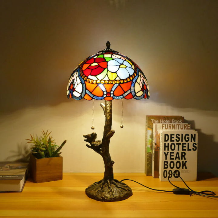 Traditional Tiffany Dragonfly Flower Stained Glass Bird Base 2-Light Table Lamp For Bedroom