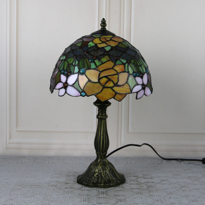 Abat-jour en dôme en verre teinté Tiffany traditionnel Base en alliage de lotus Lampe de table à 1 lumière pour chambre 