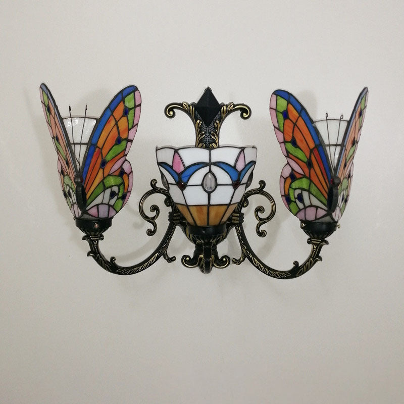 Traditional Tiffany European Butterfly Alloy Iron Glass 3-Light Wall Sconce Lamp For Hallway