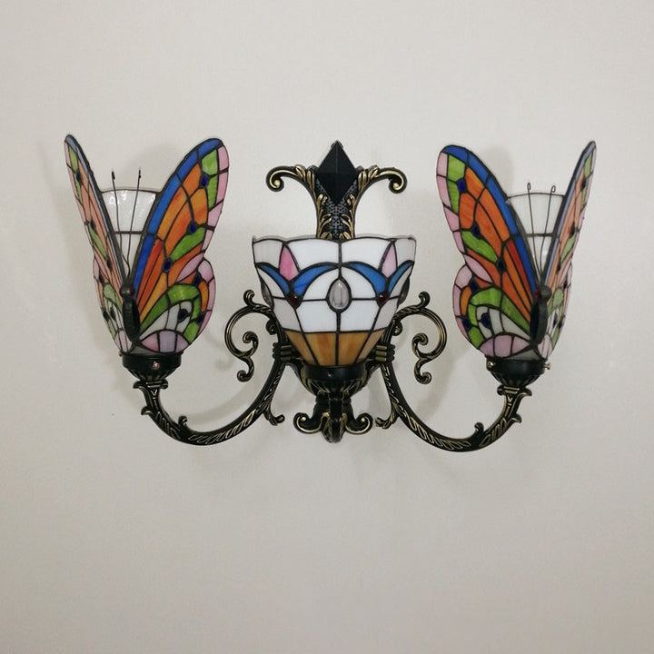 Traditional Tiffany European Butterfly Alloy Iron Glass 3-Light Wall Sconce Lamp For Hallway