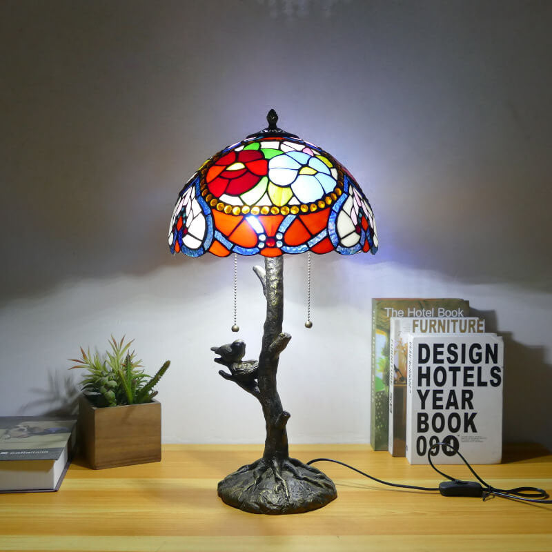Traditional Tiffany Dragonfly Flower Stained Glass Bird Base 2-Light Table Lamp For Bedroom