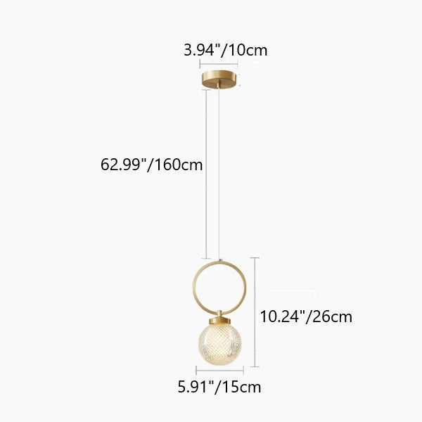 Modern Luxury Striped Glass Copper Round Ball Ring 1-Light Pendant Light for Living Room