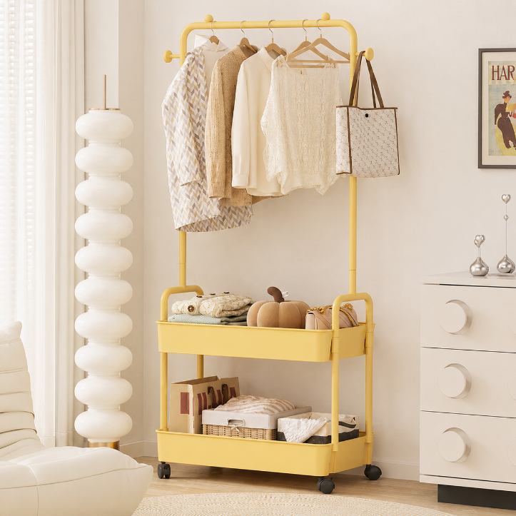Modern Minimalist Iron Plastic Rectangular Mobile Hall Tree Coat Rack With 1/2 Storage For Bedroom
