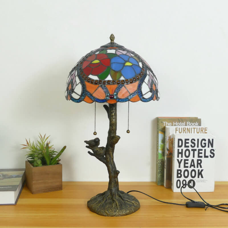 Traditional Tiffany Dragonfly Flower Stained Glass Bird Base 2-Light Table Lamp For Bedroom