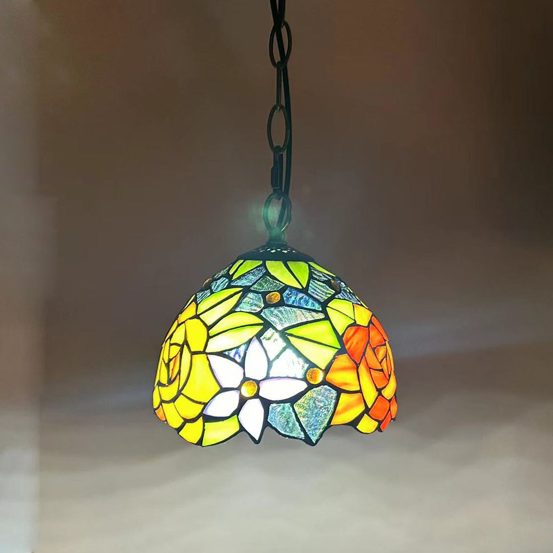 Traditionelle Tiffany Runde Kuppel Petunia Barock Zink Buntglas 1-Licht Pendelleuchte für Wohnzimmer 