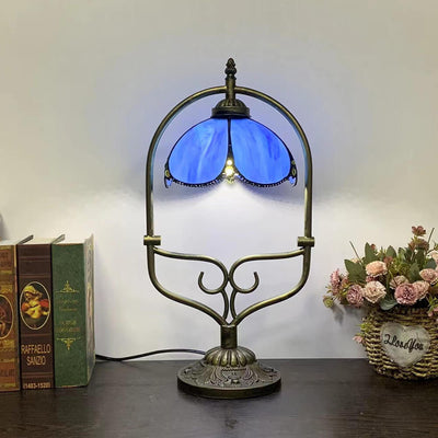 Tiffany Vintage Flower Stained Glass Shade Metal Base 1-Light Table Lamp