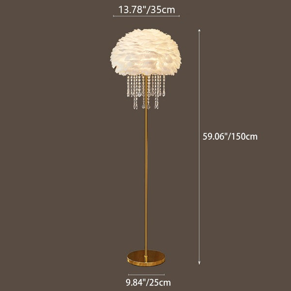 Moderne Art Deco Creme Runde Eisen Kristall Gänsefeder 1-Licht Stehende Stehlampe Für Schlafzimmer 
