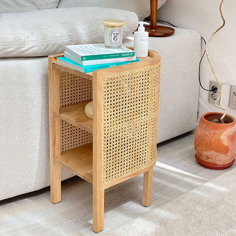 Traditioneller japanischer halbrunder Nachttisch aus Massivholz und Sperrholz mit Rattanweberei, 3-stufig, für das Schlafzimmer 