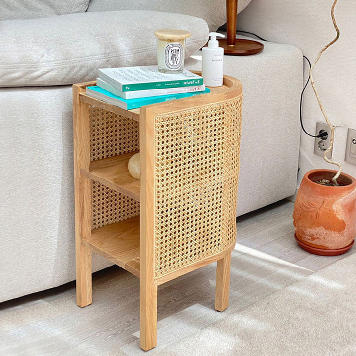 Traditional Japanese Weaving Semicircular Elliptical Faux Rattan Ash Wood Nightstand 2-Storage For Bedside