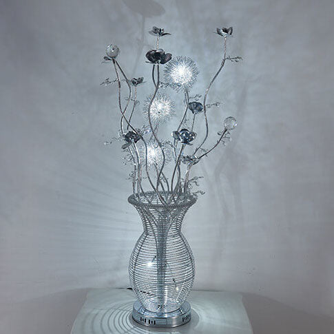 Contemporary Art Deco Floral Vase Base Aluminum 3-Light Table Lamp For Bedroom
