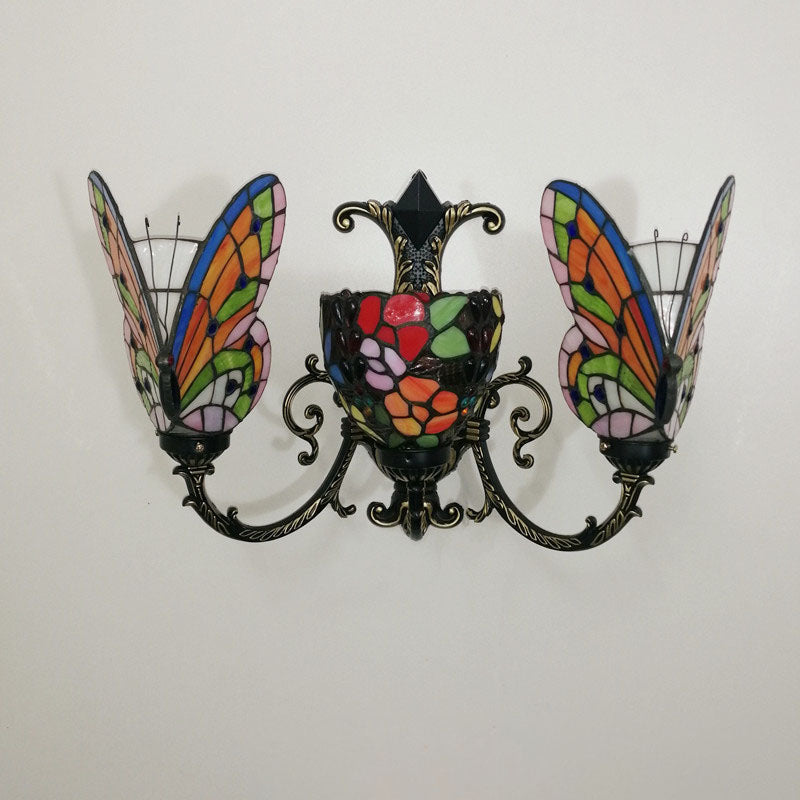 Traditional Tiffany European Butterfly Alloy Iron Glass 3-Light Wall Sconce Lamp For Hallway