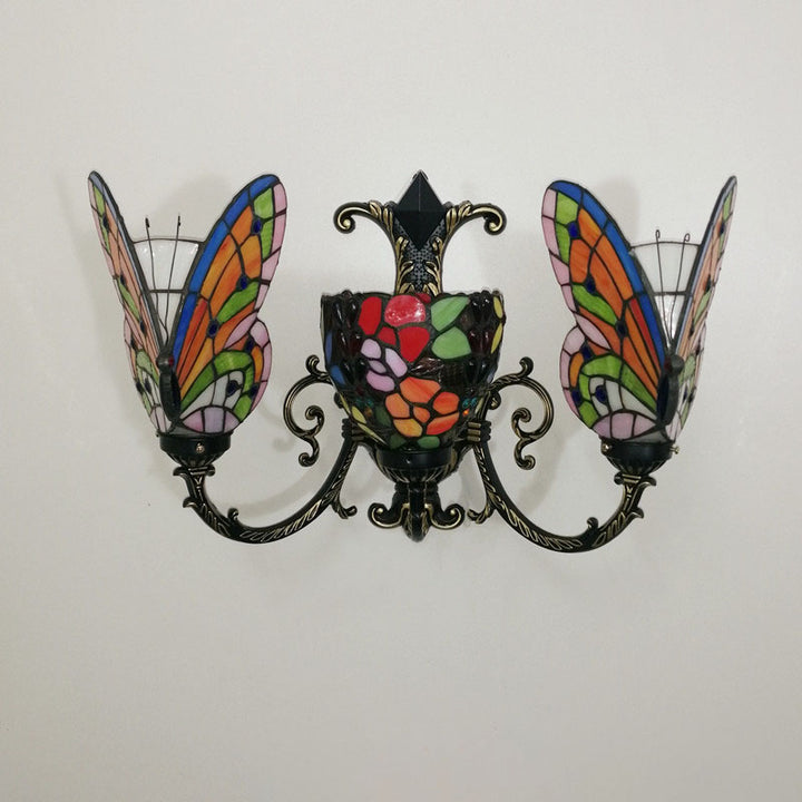 Traditional Tiffany European Butterfly Alloy Iron Glass 3-Light Wall Sconce Lamp For Hallway