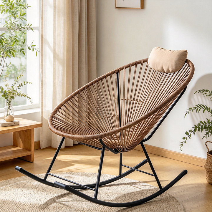 Traditional Vintage Oval Iron PE Rattan Weaving Rocking Chair Backrest Armless For Living Room