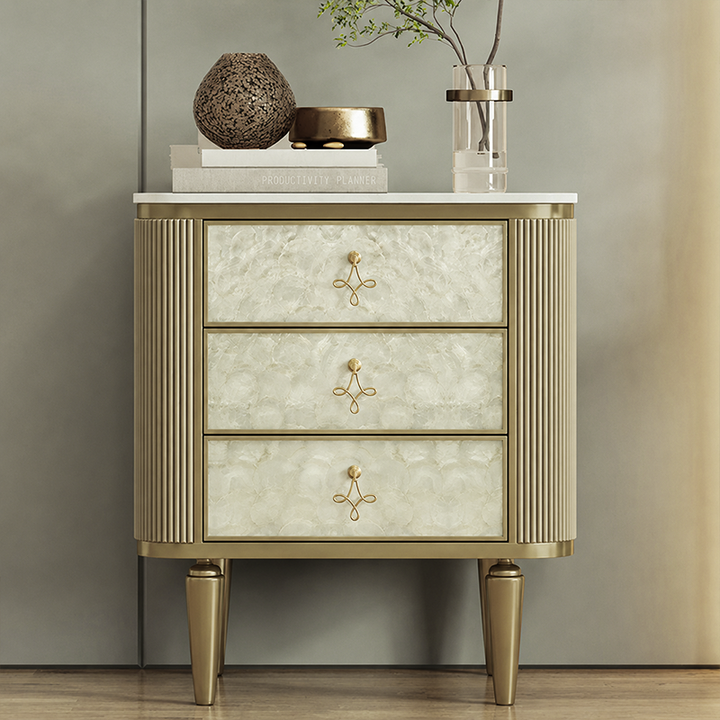 Modern Luxury Rectangular Sintered Stone Eco-board Birch Leg Nightstand 3-Drawer For Bedroom