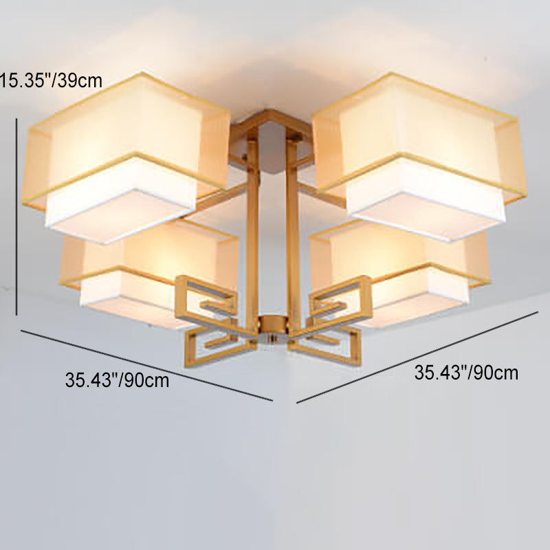 Modern Chinese Fabric Square Geometric Hardware 4-Light Semi-Flush Mount Ceiling Light