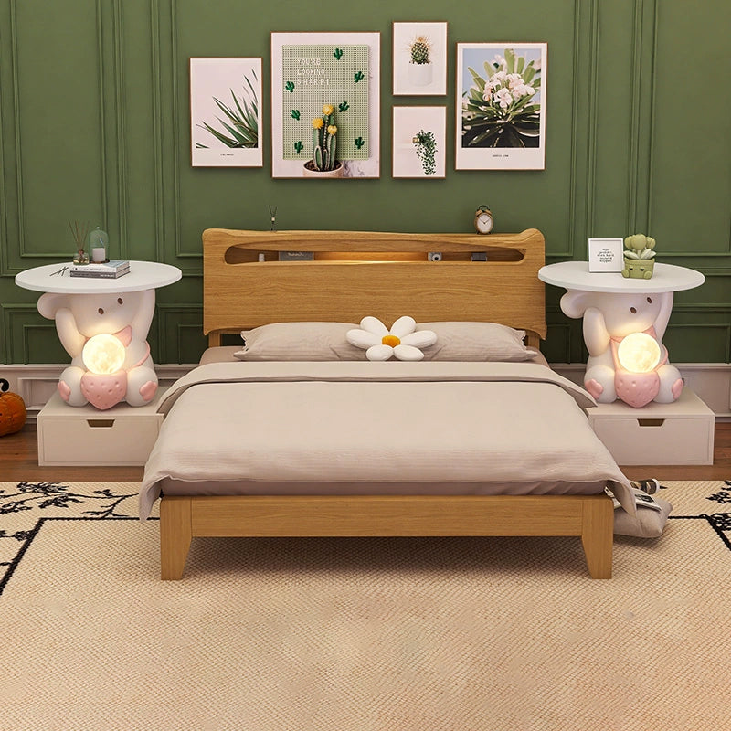 Moderner Art Deco Kinderhasen-Rundteller Rechteckige Schublade Harz Holz Emaille Nachttisch mit 1 Schublade und LED-Licht für das Schlafzimmer 