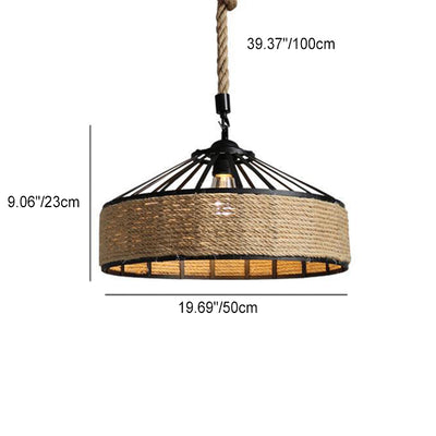 Traditional Rustic Round Iron Hemp Rope 1-Light Pendant Light For Living Room