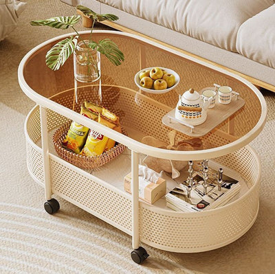 Modern Minimalist Rectangular Iron Plastic Tempered Glass Movable Coffee Table 2-Tier For Living Room