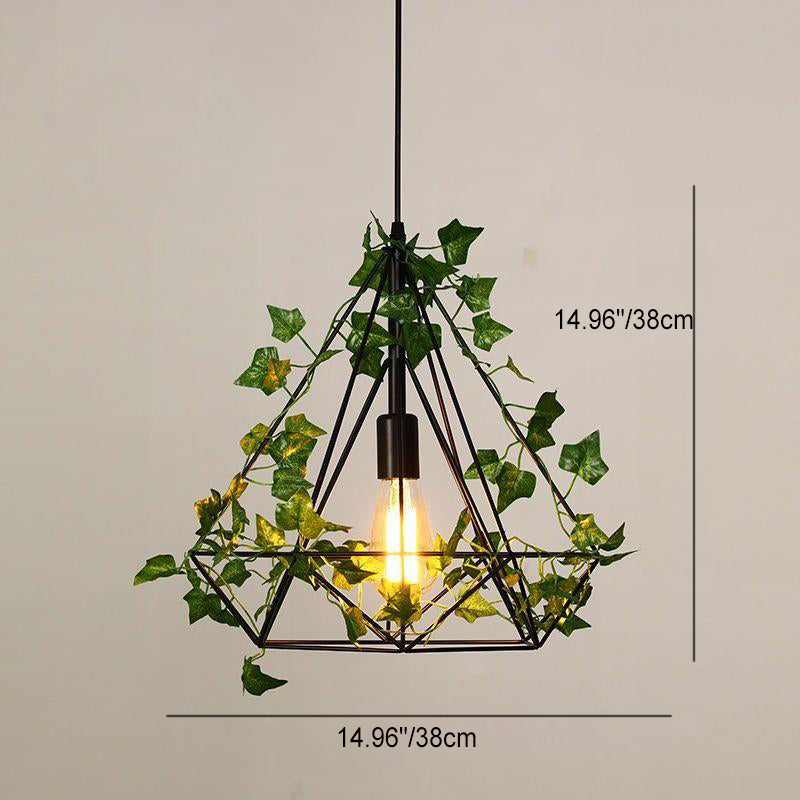 Luz colgante de 1 luz con hoja de sakura de diamante de vegetación simulada de cuerda de cáñamo de hierro retro contemporáneo para comedor 