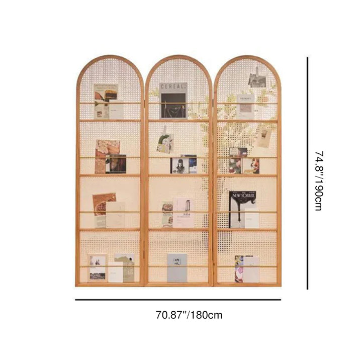 Contemporary Retro PVC Rattan Pine Wood Finish Movable Corner Shelf Unit Foldable 2/3/4-Panel Room Divider Storage Shelves For Living Room