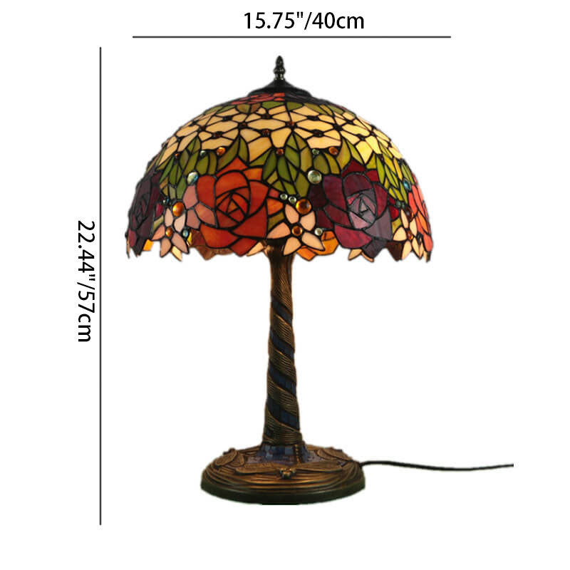 Traditional Tiffany Flower Decor Stained Glass Dome 2-Light Table Lamp For Bedroom