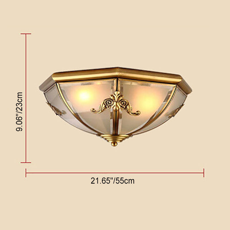 European Luxury Full Copper Conical Glass Lampshade 2/3/6-Light Flush Mount Ceiling Light