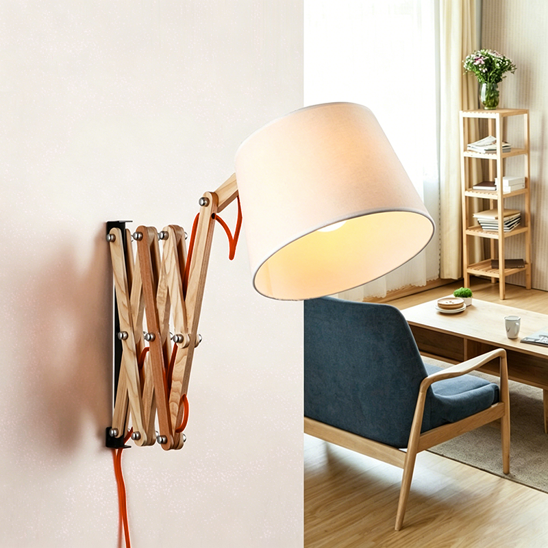 Traditional Vintage Linen Cone Ash Wood Iron Retractable Rotating 1-Light Wall Sconce Lamp for Living Room