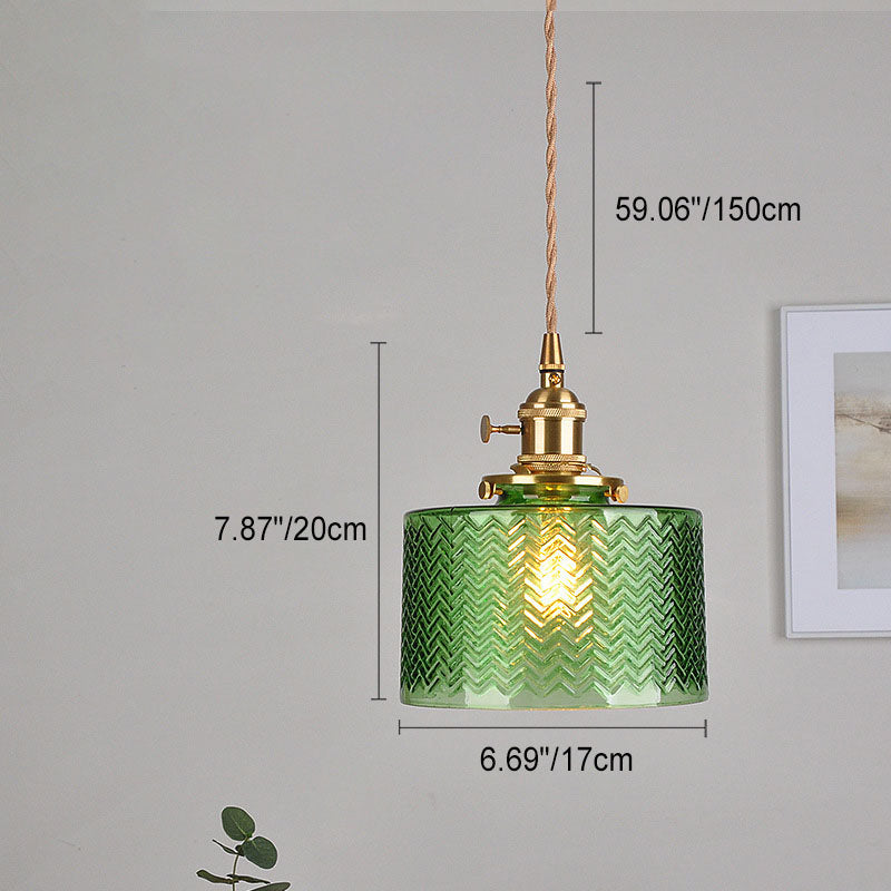 Suspension Luminaire à 1 Lumière pour Salon avec Abat-Jour Cylindrique en Verre Rainuré en Laiton Antique Traditionnel Vintage 