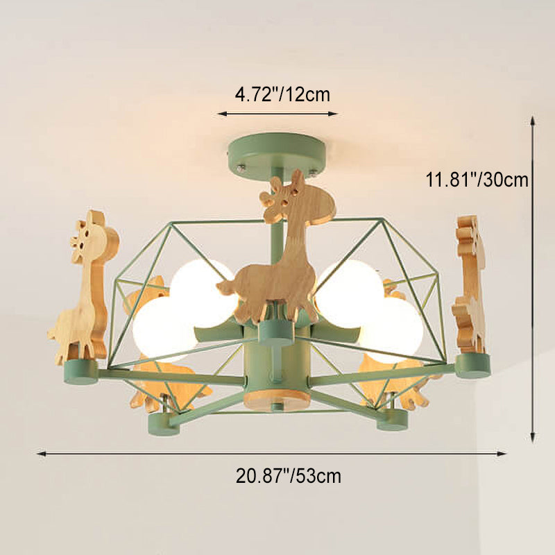 Scandinavian Modern Childlike Giraffe Diamond Pentagram Windmill Iron Wood Glass 4/5 Light Semi-Flush Mount Ceiling Light