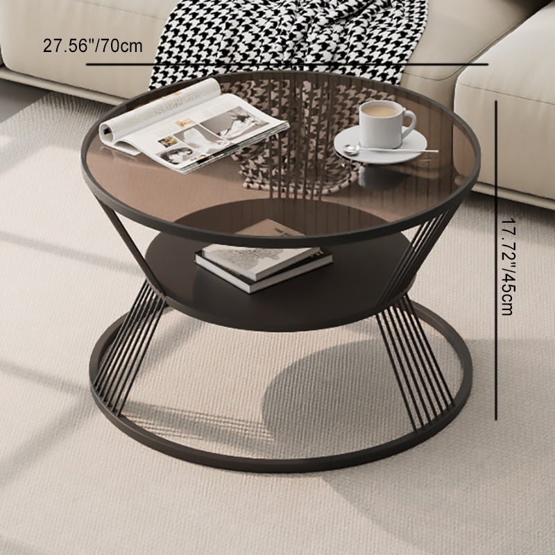 Mesa de café moderna minimalista redonda en forma de reloj de arena de vidrio y hierro de 2 niveles para sala de estar 