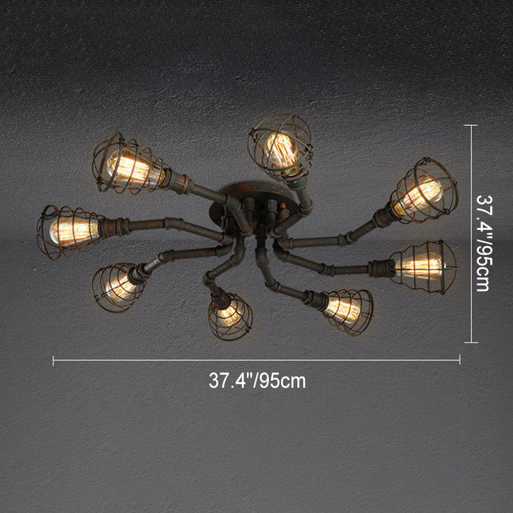 Industrial Vintage Water Pipe Round Iron 4/6/8 Light Flush Mount Ceiling Light