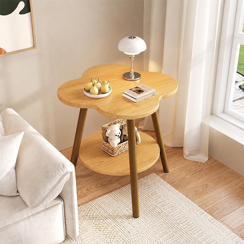 Mesa Auxiliar Redonda de Madera Maciza y Metal con Forma de Flor Contemporánea de 2 Niveles para Sala de Estar 