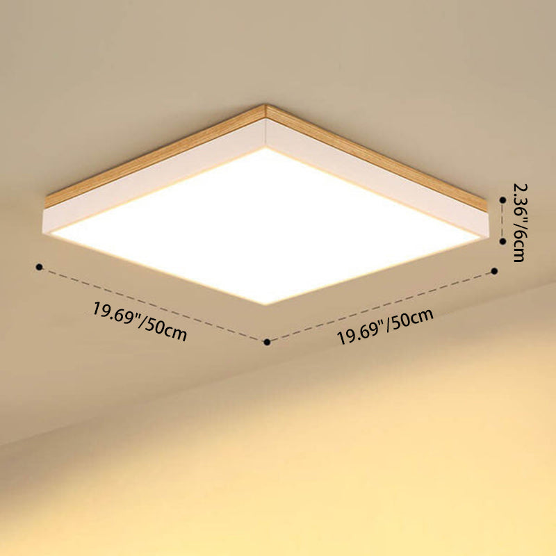 Moderne minimalistische LED-Deckenleuchte zur flachen Montage aus massivem Holz und Acryl in quadratischer Rechteckform für das Wohnzimmer 