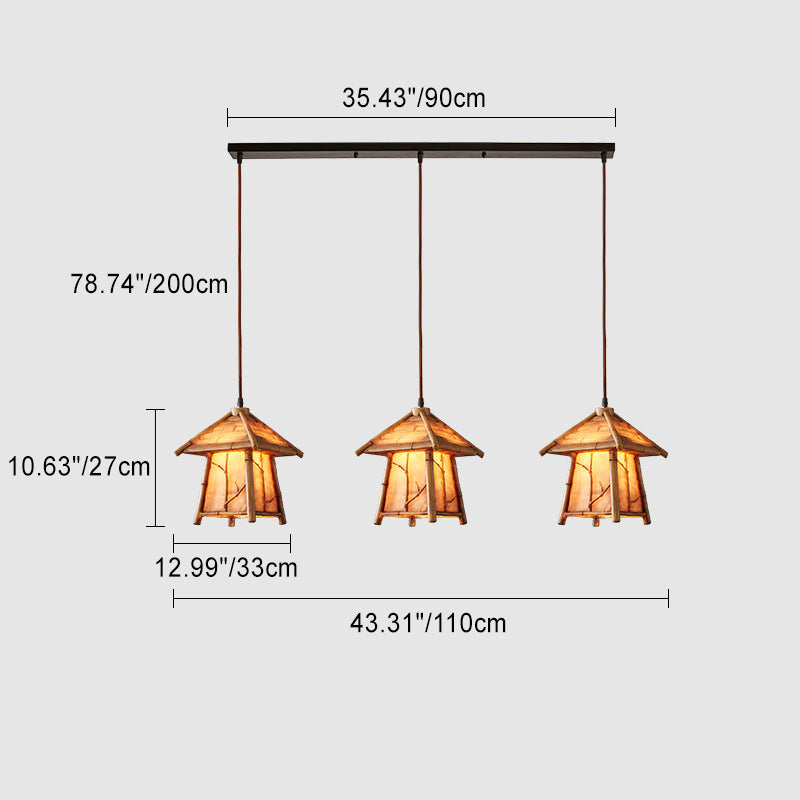 Traditioneller japanischer Harz-Eisen-Kupfer-Haus-Zylinder 1/3 Licht Insel-Licht-Kronleuchter für Esszimmer 