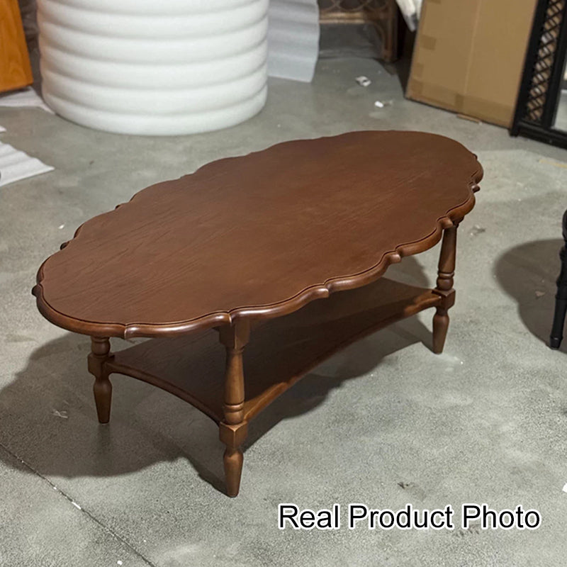 Mesa de café ovalada de borde irregular tradicional francesa de madera maciza de caucho de 2 niveles para sala de estar 