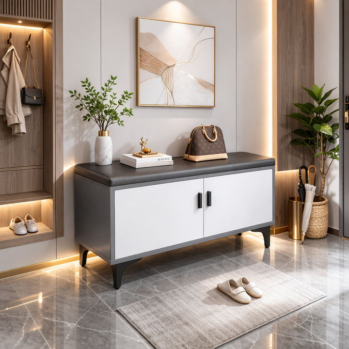 Banco para zapatos moderno minimalista rectangular de MDF con cuero sintético de 3 niveles para la entrada 