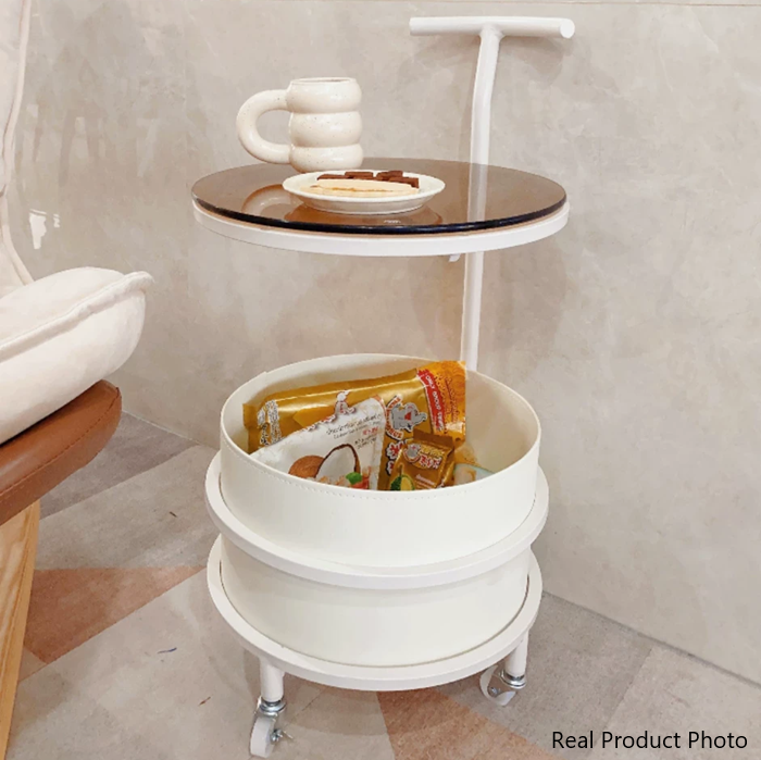 Modern Minimalist Cream Removable Round Glass Stainless Steel Iron End Table 2-Tier For Living Room