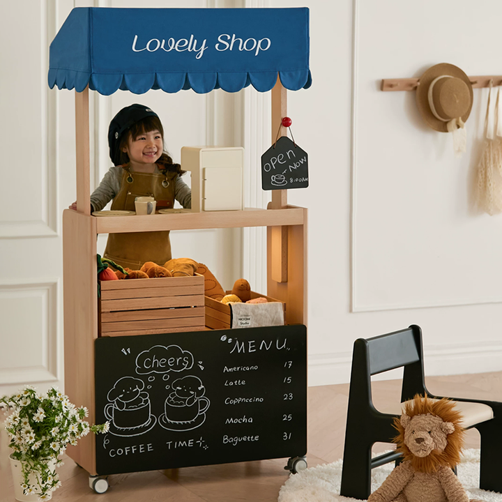 Contemporary Retro Solid Beech Wood &amp; Plywood Canvas Ceramics Montessori Toy Storage Shelf - Convertible Double-Sided Kids Bookshelf &amp; Play Market Organizer With Wheels