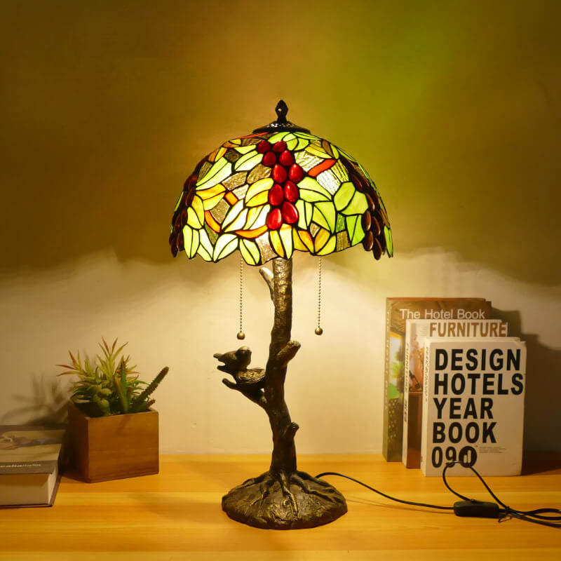 Traditional Tiffany Dragonfly Flower Stained Glass Bird Base 2-Light Table Lamp For Bedroom
