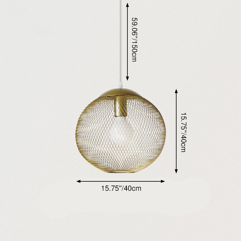 Lámpara colgante de globo de 1 luz con malla de hierro dorado industrial 