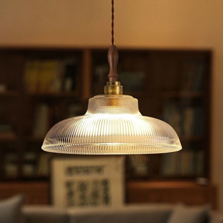 Traditional Japanese Wood Brass Glass Semicircular Loudspeaker 1-Light Pendant Light For Dining Room