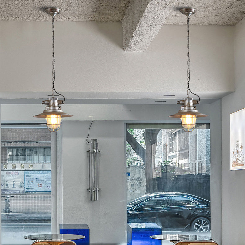 Zeitgenössische industrielle Retro-Pendelleuchte im Used-Look aus grauem Aluminium mit halbrundem Schirm und 1 Licht für Unterhaltungsräume 