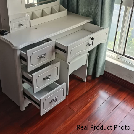Contemporary Luxury Rectangular Medium Density Fiberboard Glass Makeup Vanity 5-Drawer For Bedroom