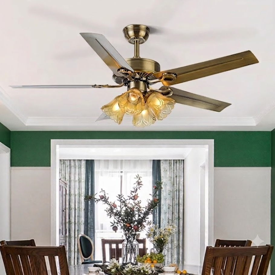 Ventilateur de plafond avec lumière à 4 lampes, abat-jour en verre fleur, ventilateur en bois et fer rétro traditionnel pour salon 